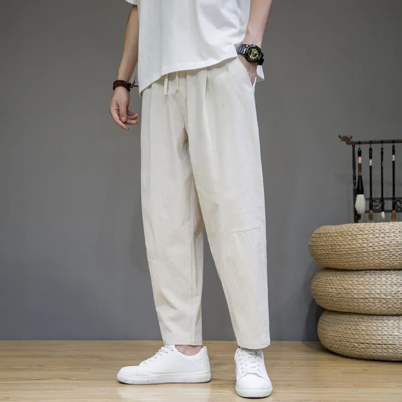 Men's Casual Cotton Linen Cropped Pants - Loose Fit Japanese Style Straight Leg Breathable Trousers for Summer thumbnail 8