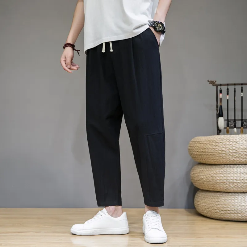 Men's Casual Cotton Linen Cropped Pants - Loose Fit Japanese Style Straight Leg Breathable Trousers for Summer thumbnail 7