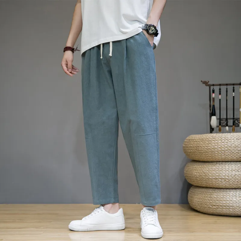 Men's Casual Cotton Linen Cropped Pants - Loose Fit Japanese Style Straight Leg Breathable Trousers for Summer thumbnail 6