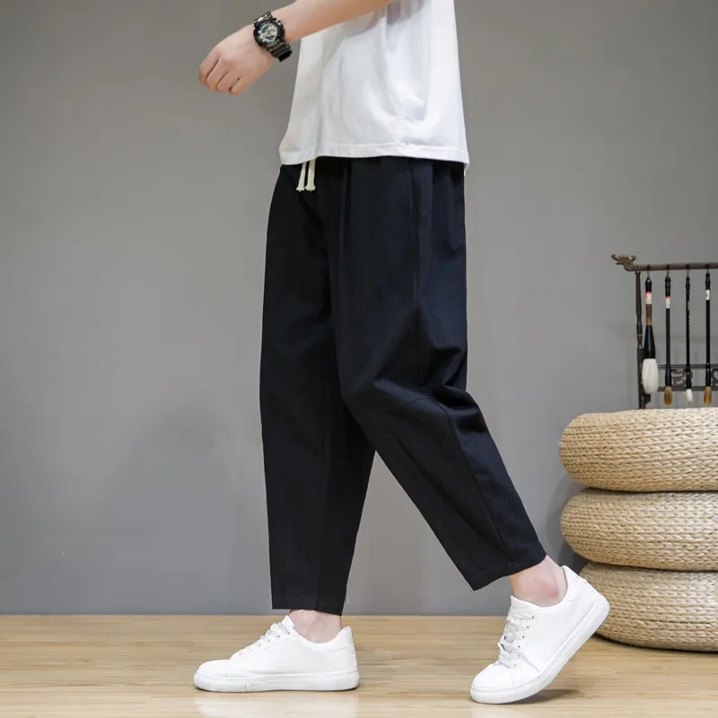 Men's Casual Cotton Linen Cropped Pants - Loose Fit Japanese Style Straight Leg Breathable Trousers for Summer thumbnail 1