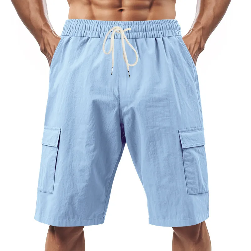 Men's Multi-Pocket Linen Cotton Shorts Casual Sports Workwear Loose Fit Drawstring Five-Point Breathable Summer Style showcase 13