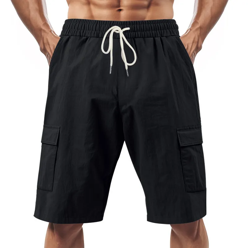 Men's Multi-Pocket Linen Cotton Shorts Casual Sports Workwear Loose Fit Drawstring Five-Point Breathable Summer Style showcase 5