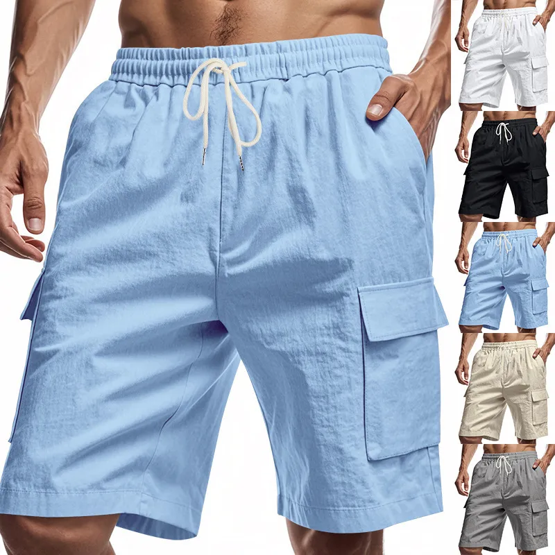 Men's Multi-Pocket Linen Cotton Shorts Casual Sports Workwear Loose Fit Drawstring Five-Point Breathable Summer Style showcase 2