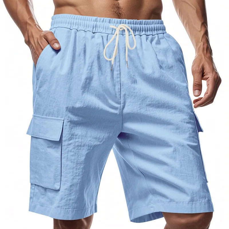 Men's Multi-Pocket Linen Cotton Shorts Casual Sports Workwear Loose Fit Drawstring Five-Point Breathable Summer Style showcase 12