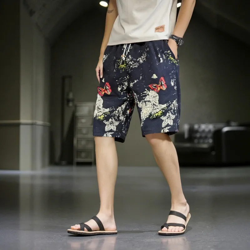 Men's Summer Cotton Linen Casual Trousers, Loose Fit Beach Shorts with Ethnic Elephant Print, Quick-Drying Lightweight Pants for Outdoor Activities thumbnail 1