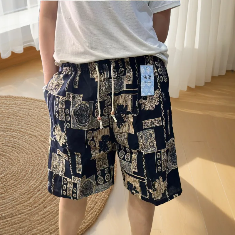 Men's Summer Cotton Linen Casual Trousers, Loose Fit Beach Shorts with Ethnic Elephant Print, Quick-Drying Lightweight Pants for Outdoor Activities thumbnail 4