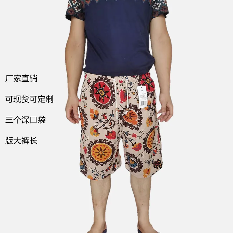 Men's Summer Cotton Linen Casual Trousers, Loose Fit Beach Shorts with Ethnic Elephant Print, Quick-Drying Lightweight Pants for Outdoor Activities showcase 15
