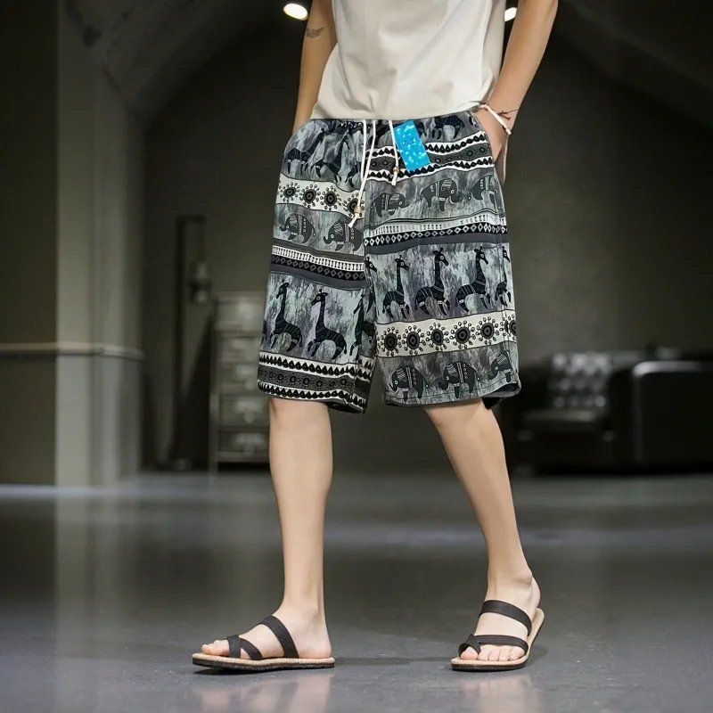 Men's Summer Cotton Linen Casual Trousers, Loose Fit Beach Shorts with Ethnic Elephant Print, Quick-Drying Lightweight Pants for Outdoor Activities thumbnail 8