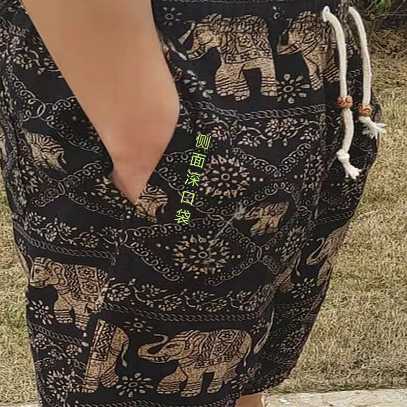 Men's Summer Cotton Linen Casual Trousers, Loose Fit Beach Shorts with Ethnic Elephant Print, Quick-Drying Lightweight Pants for Outdoor Activities showcase 4