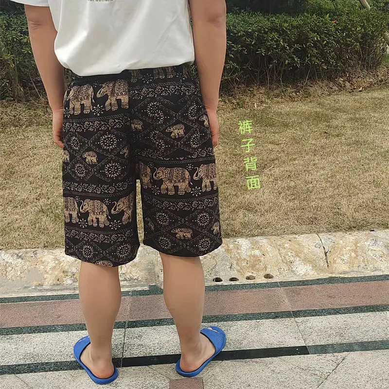 Men's Summer Cotton Linen Casual Trousers, Loose Fit Beach Shorts with Ethnic Elephant Print, Quick-Drying Lightweight Pants for Outdoor Activities showcase 2