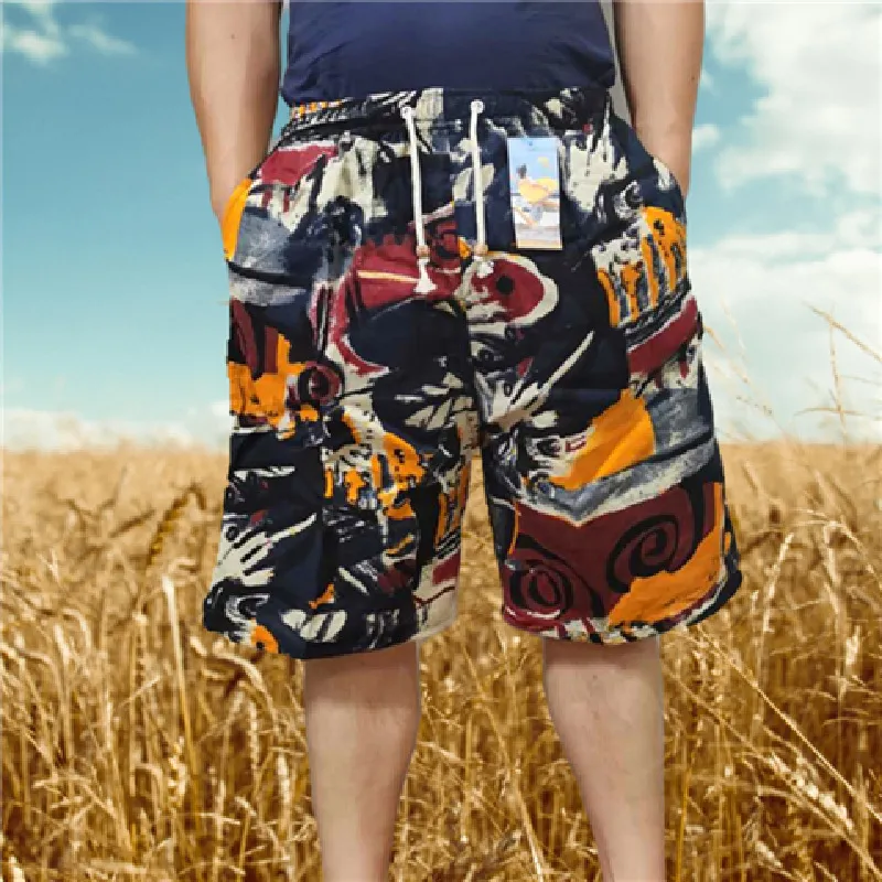 Men's Summer Cotton Linen Casual Trousers, Loose Fit Beach Shorts with Ethnic Elephant Print, Quick-Drying Lightweight Pants for Outdoor Activities showcase 18