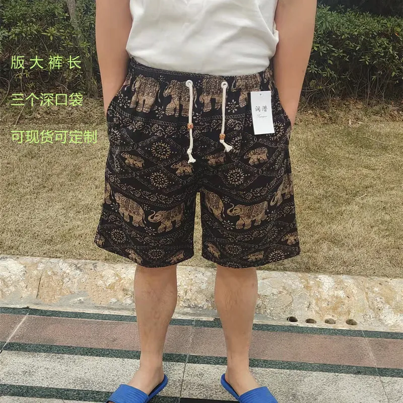 Men's Summer Cotton Linen Casual Trousers, Loose Fit Beach Shorts with Ethnic Elephant Print, Quick-Drying Lightweight Pants for Outdoor Activities showcase 1