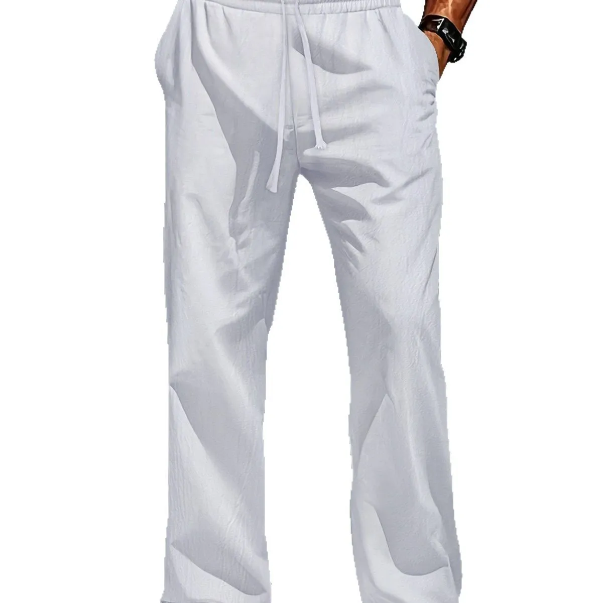 Men's Casual Linen Cotton Pants Loose Fit Straight Leg Breathable Sunshine Pure Color Comfortable Summer Trousers - Image 5