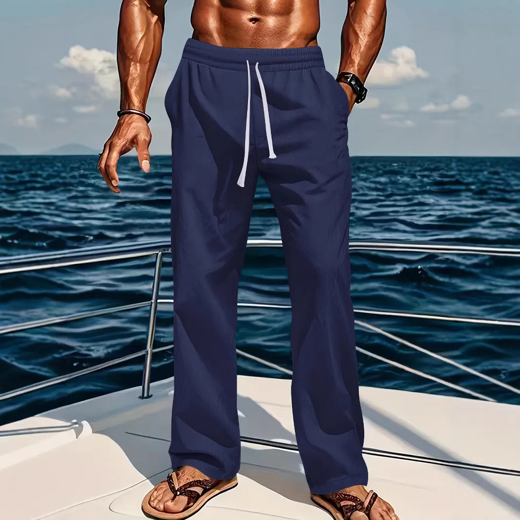 Men's Casual Linen Cotton Pants Loose Fit Straight Leg Breathable Sunshine Pure Color Comfortable Summer Trousers - Image 2