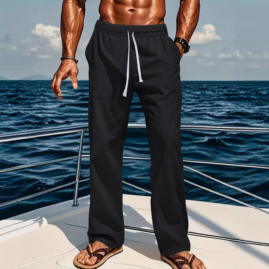 Men's Casual Linen Cotton Pants Loose Fit Straight Leg Breathable Sunshine Pure Color Comfortable Summer Trousers - Image 3