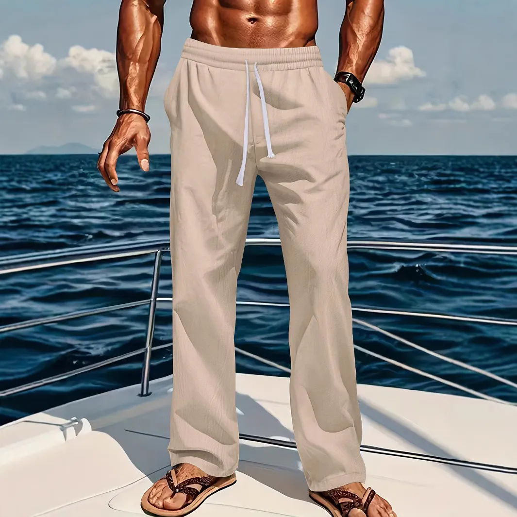 Men's Casual Linen Cotton Pants Loose Fit Straight Leg Breathable Sunshine Pure Color Comfortable Summer Trousers - Image 4