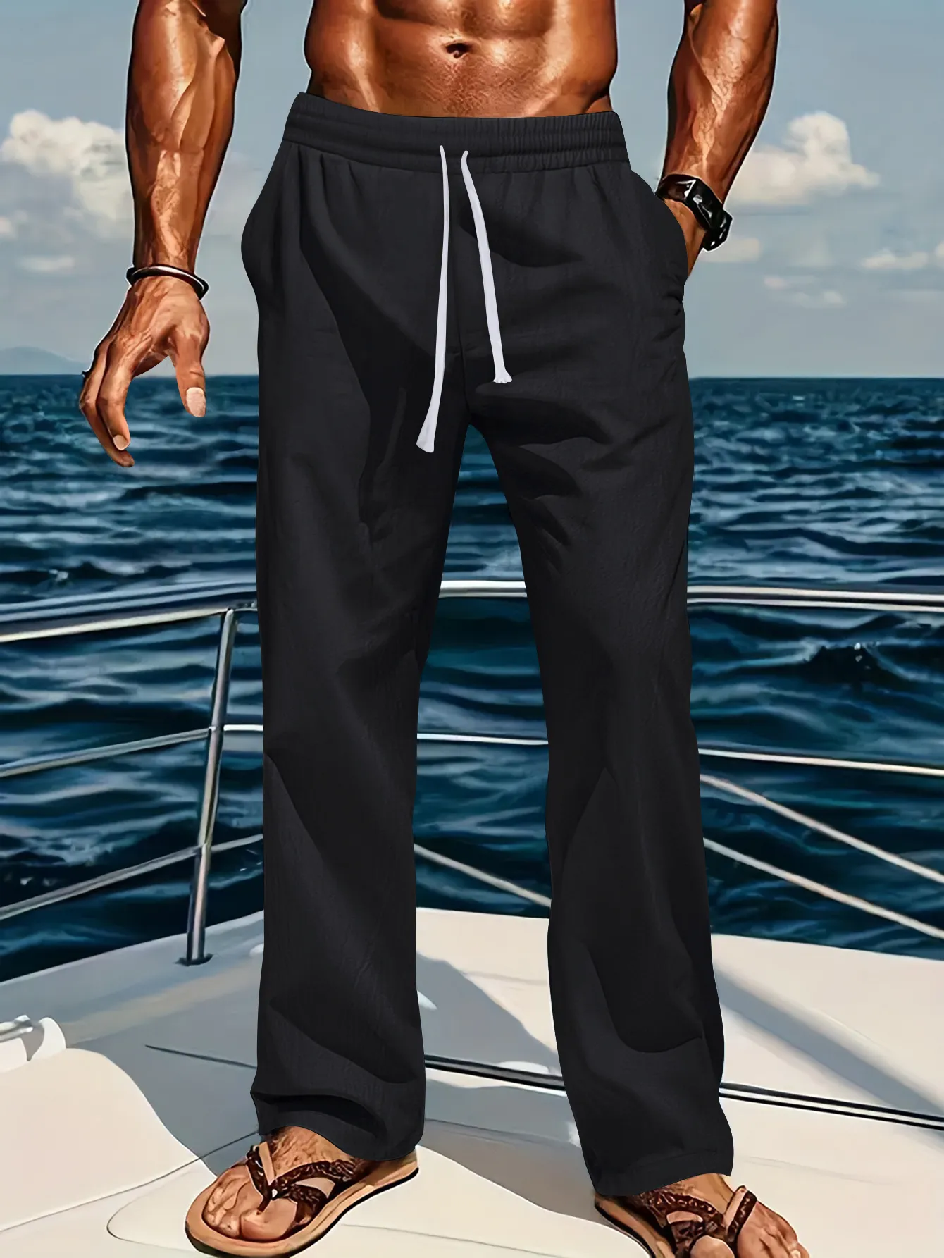 Men's Casual Linen Cotton Pants Loose Fit Straight Leg Breathable Sunshine Pure Color Comfortable Summer Trousers - Image 8