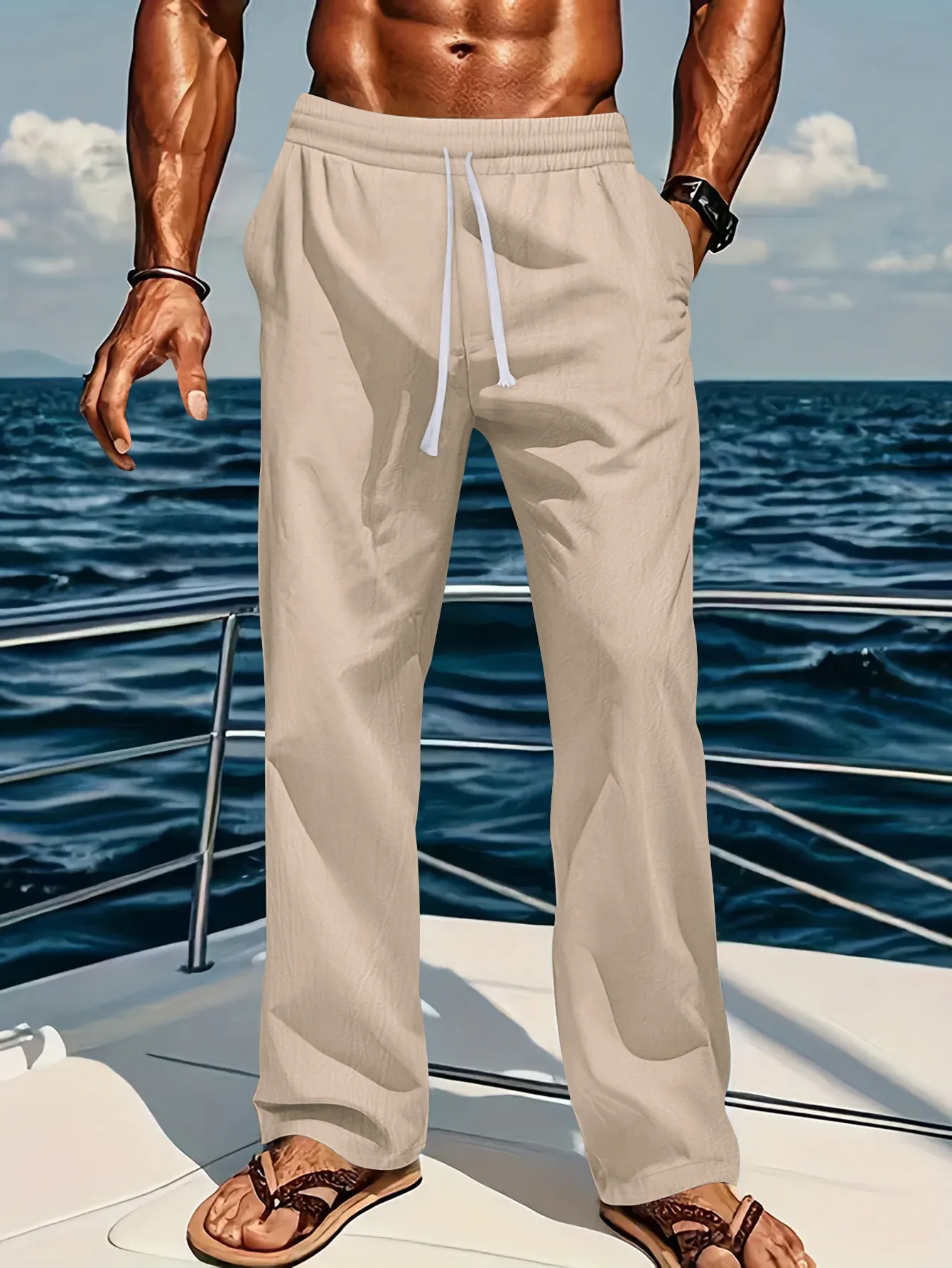 Men's Casual Linen Cotton Pants Loose Fit Straight Leg Breathable Sunshine Pure Color Comfortable Summer Trousers - Image 9