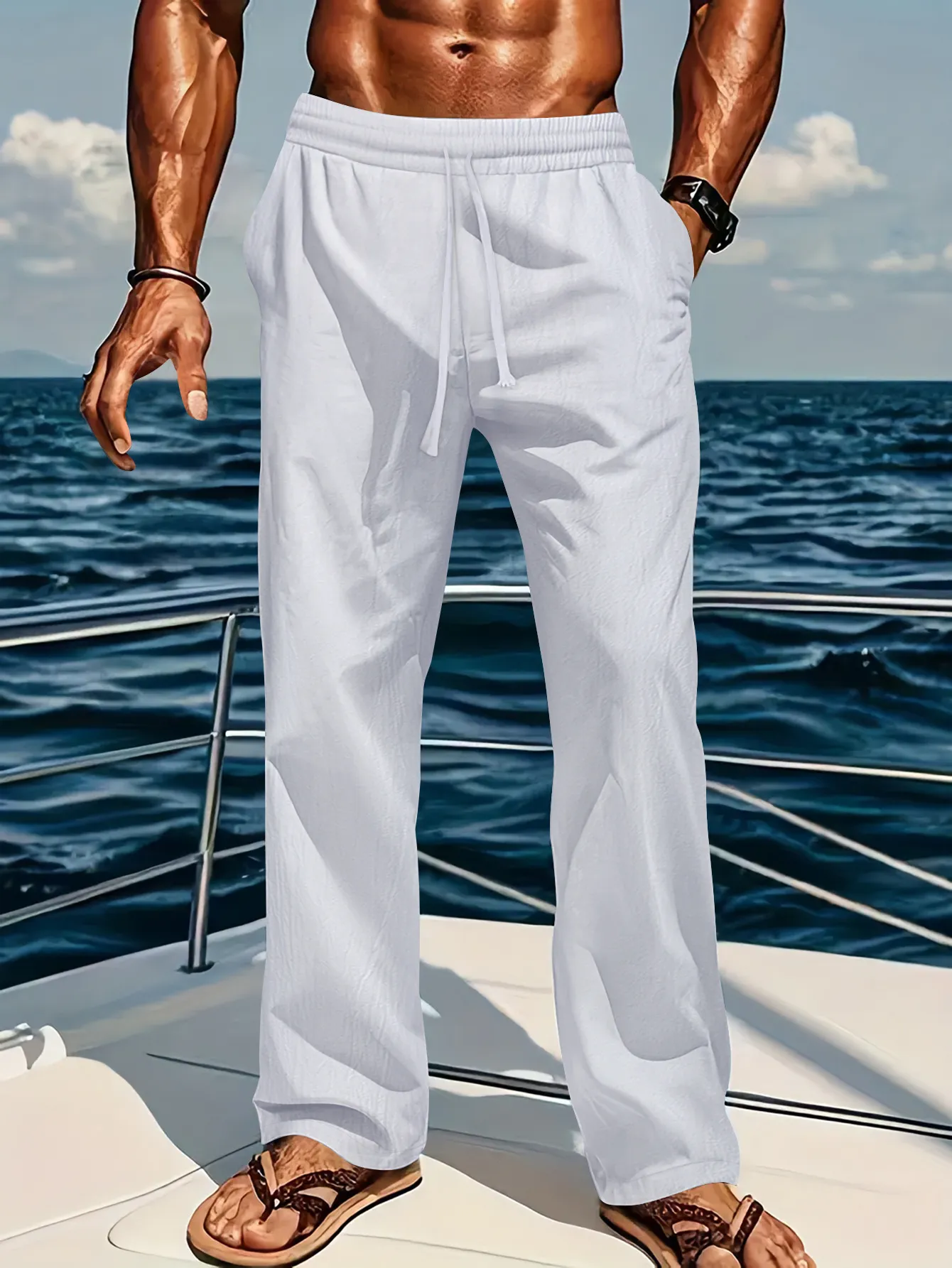 Men's Casual Linen Cotton Pants Loose Fit Straight Leg Breathable Sunshine Pure Color Comfortable Summer Trousers - Image 6