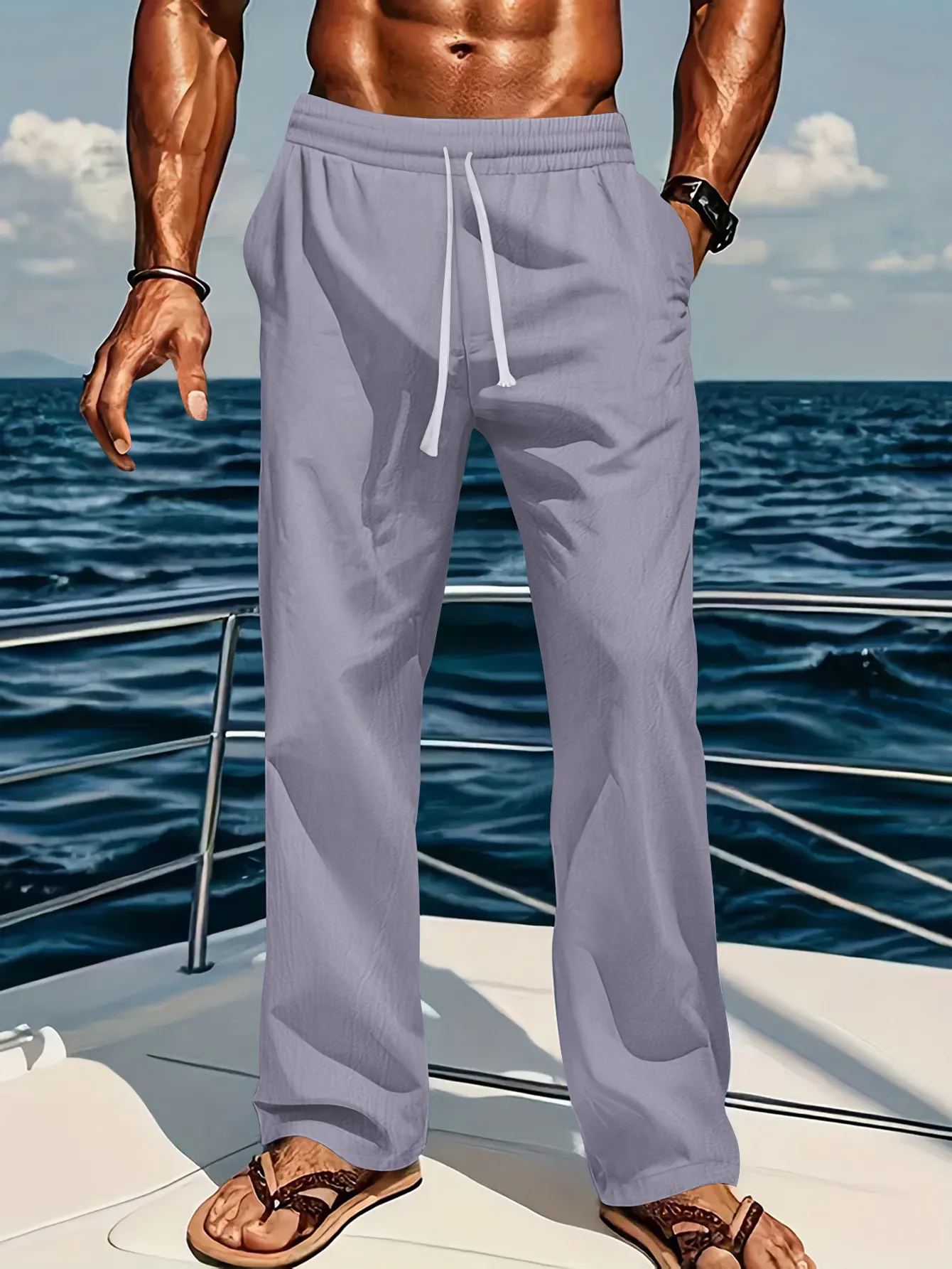 Men's Casual Linen Cotton Pants Loose Fit Straight Leg Breathable Sunshine Pure Color Comfortable Summer Trousers - Image 7