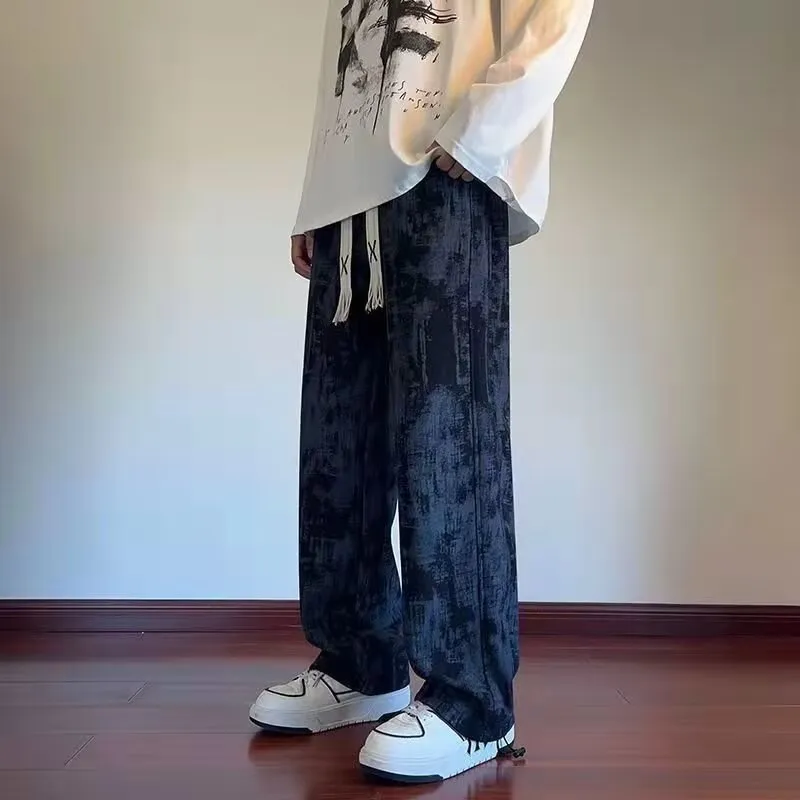 Men's American Tie-Dye Casual Pants - Autumn 2024 New Drawstring Wide Leg Loose Slimming Straight Sports Pants for Everyday Comfort and Style thumbnail 4