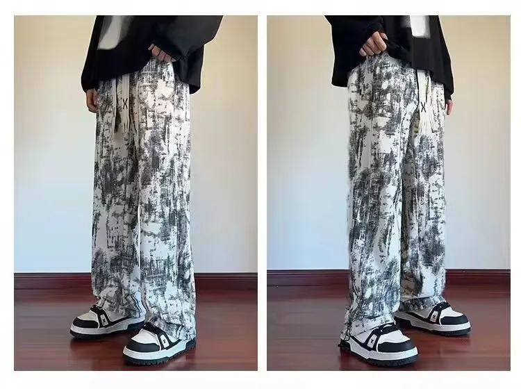 Men's American Tie-Dye Casual Pants - Autumn 2024 New Drawstring Wide Leg Loose Slimming Straight Sports Pants for Everyday Comfort and Style showcase 4
