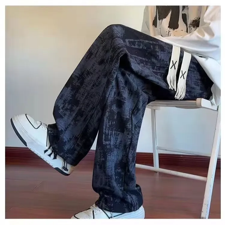 Men's American Tie-Dye Casual Pants - Autumn 2024 New Drawstring Wide Leg Loose Slimming Straight Sports Pants for Everyday Comfort and Style thumbnail 1