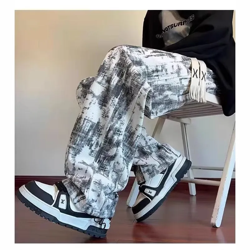 Men's American Tie-Dye Casual Pants - Autumn 2024 New Drawstring Wide Leg Loose Slimming Straight Sports Pants for Everyday Comfort and Style thumbnail 2