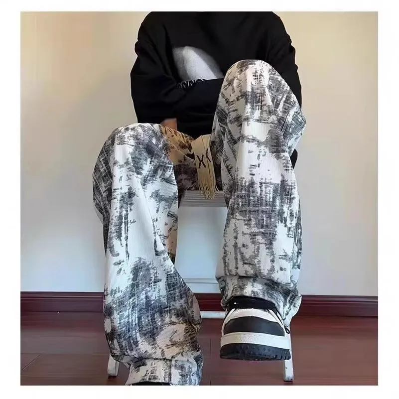 Men's American Tie-Dye Casual Pants - Autumn 2024 New Drawstring Wide Leg Loose Slimming Straight Sports Pants for Everyday Comfort and Style thumbnail 3
