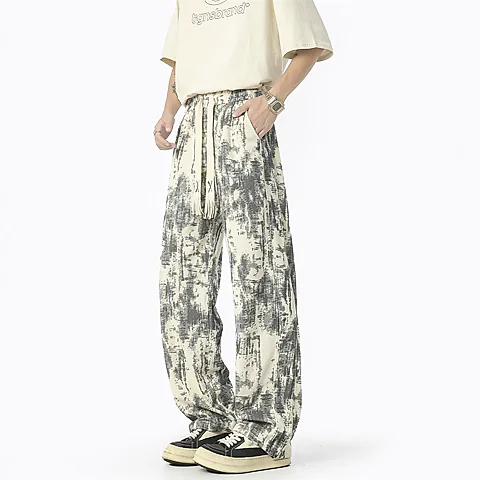 Men's Retro Tie-Dye Wide-Leg Casual Pants - Unisex Loose Fit Trendy Brand Trousers for Streetwear