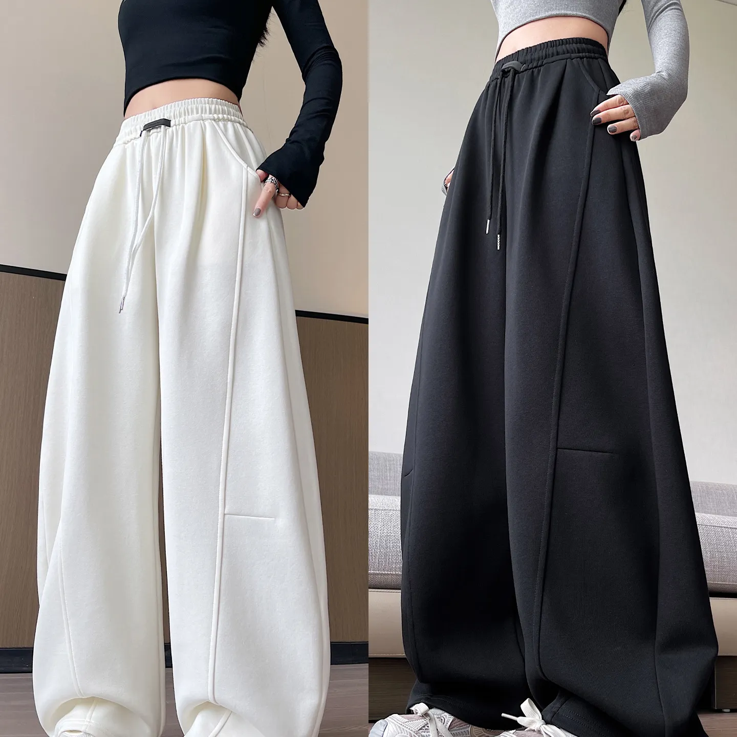 Plus Size Women's Wide-Leg Pants - High-Waisted Loose Fit Slimming Straight-Leg Sports Sweatpants for Chubby Girls, New Autumn Style thumbnail 1