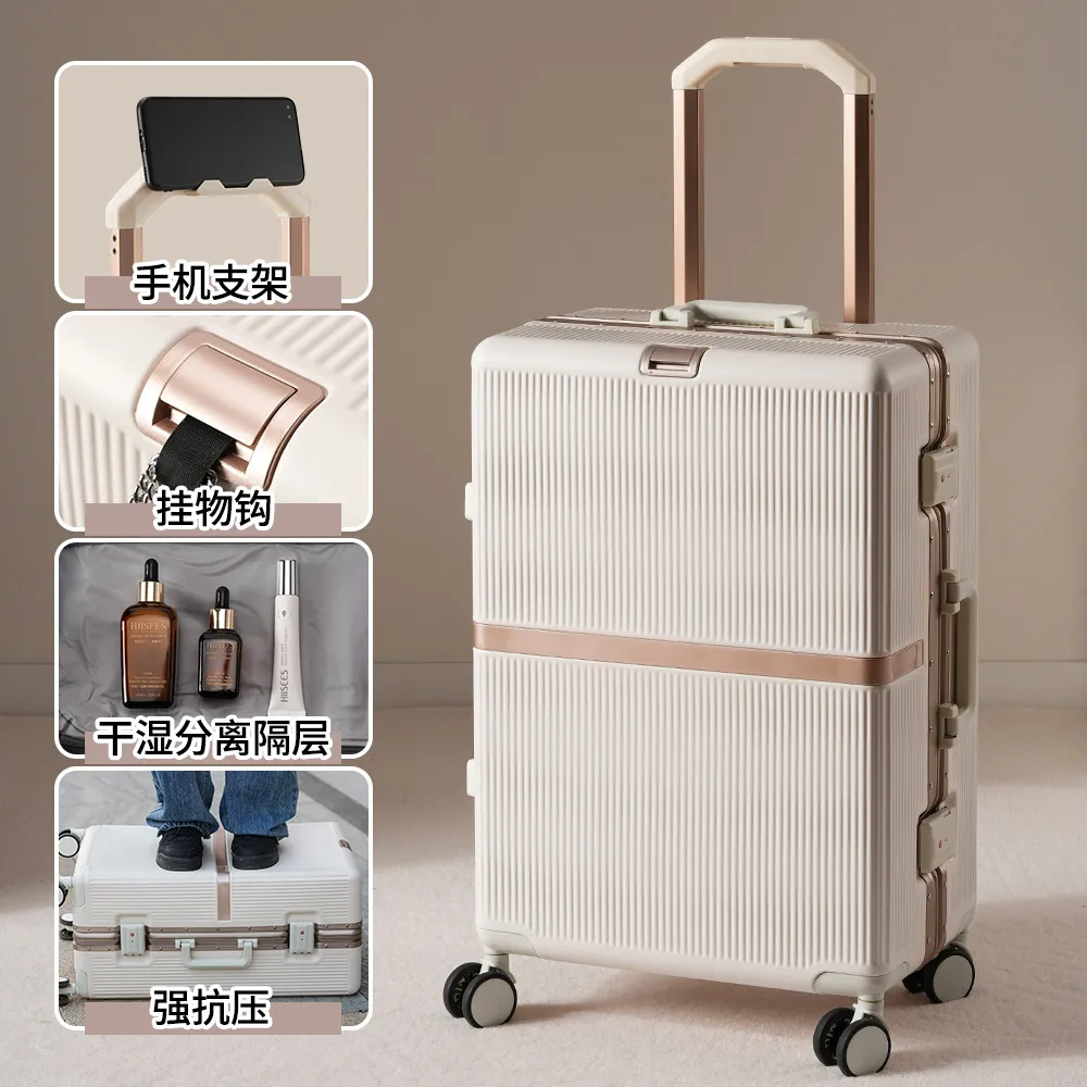 2025 New Aluminum Frame Luggage Suitcase for Men & Women, Student Boarding Case with Universal Wheels and Leather Accents, Durable Travel Luggage thumbnail 7