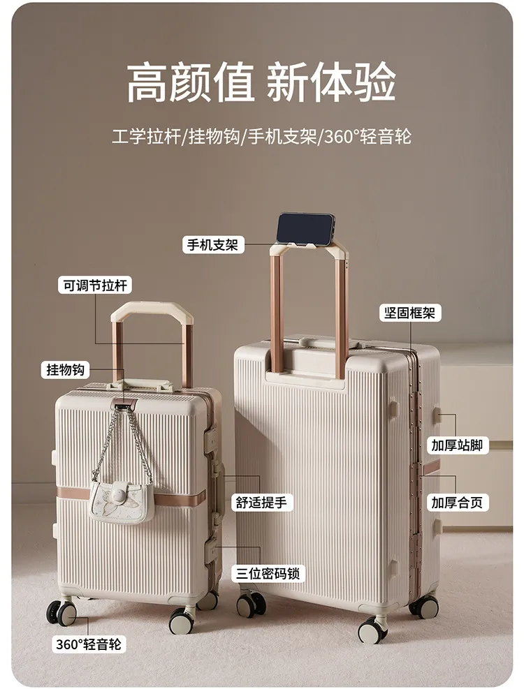 2025 New Aluminum Frame Luggage Suitcase for Men & Women, Student Boarding Case with Universal Wheels and Leather Accents, Durable Travel Luggage showcase 3