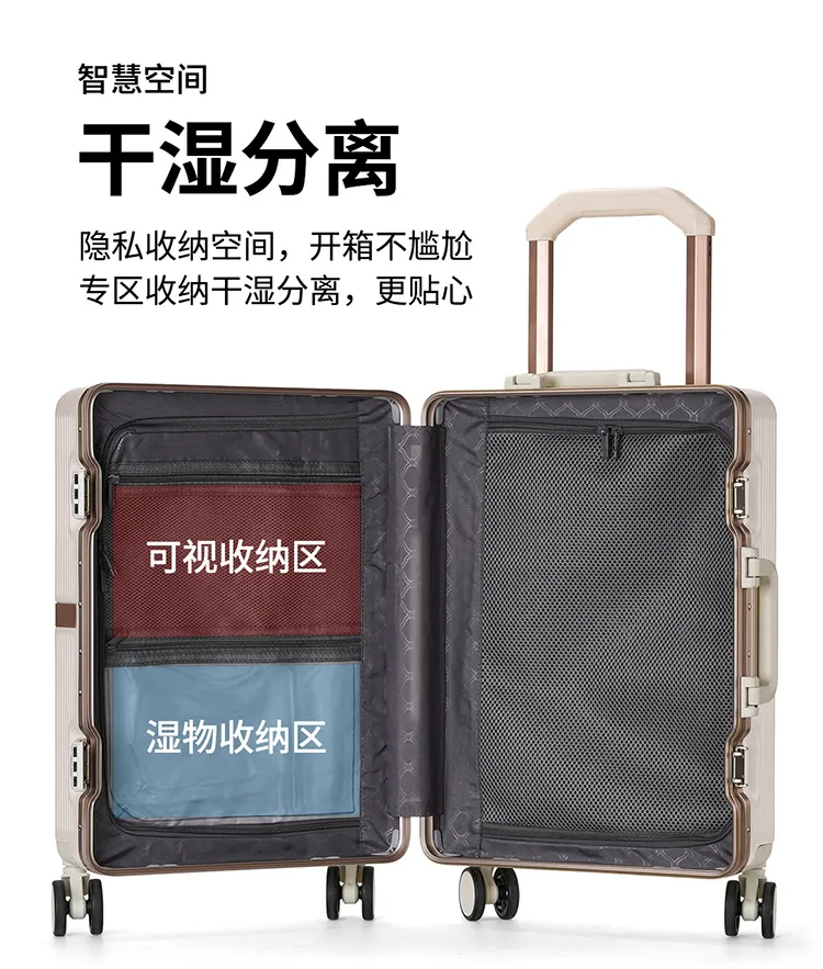 2025 New Aluminum Frame Luggage Suitcase for Men & Women, Student Boarding Case with Universal Wheels and Leather Accents, Durable Travel Luggage showcase 19