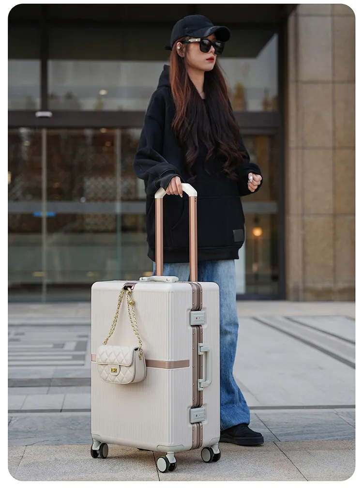 2025 New Aluminum Frame Luggage Suitcase for Men & Women, Student Boarding Case with Universal Wheels and Leather Accents, Durable Travel Luggage showcase 5