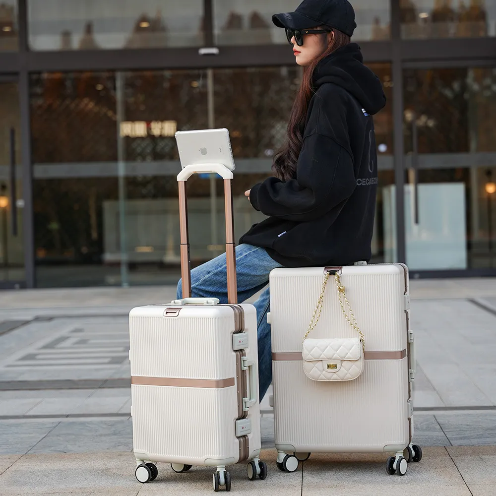 2025 New Aluminum Frame Luggage Suitcase for Men & Women, Student Boarding Case with Universal Wheels and Leather Accents, Durable Travel Luggage thumbnail 2