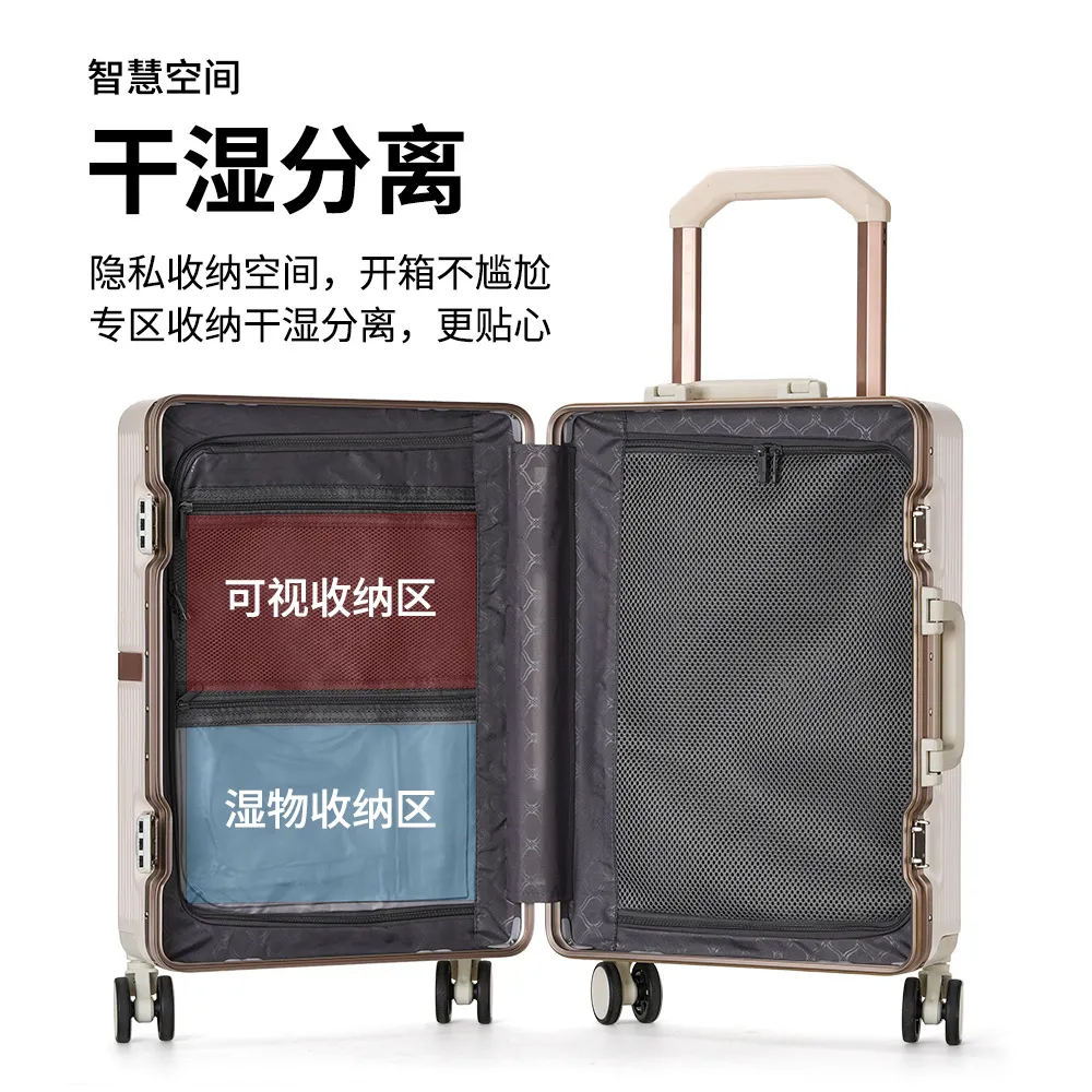 2025 New Aluminum Frame Luggage Suitcase for Men & Women, Student Boarding Case with Universal Wheels and Leather Accents, Durable Travel Luggage thumbnail 4