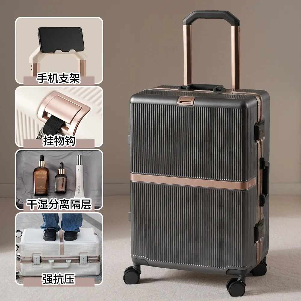 2025 New Aluminum Frame Luggage Suitcase for Men & Women, Student Boarding Case with Universal Wheels and Leather Accents, Durable Travel Luggage thumbnail 9