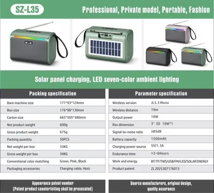 L35 Solar Bluetooth Speaker Portable Outdoor Wireless Subwoofer with Colorful Lights, High-Quality Bass Sound for Music Lovers showcase 4