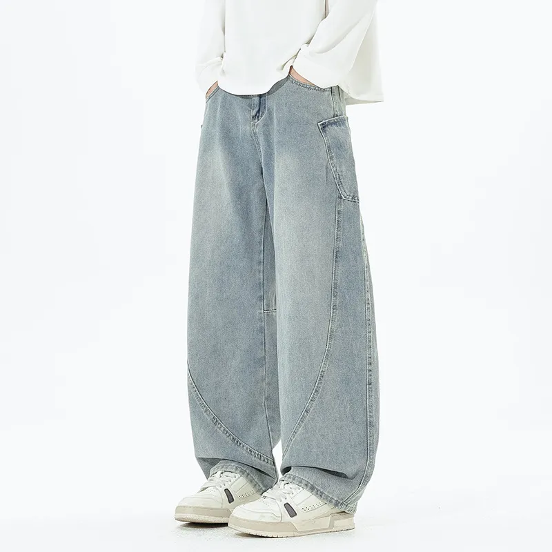 Men's Retro Loose Fit Wide Leg Jeans - Autumn/Winter American Design Straight Leg Floor Length Denim Pants thumbnail 1