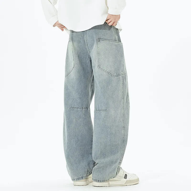 Men's Retro Loose Fit Wide Leg Jeans - Autumn/Winter American Design Straight Leg Floor Length Denim Pants thumbnail 2