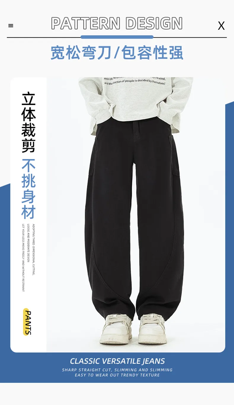Men's Retro Loose Fit Wide Leg Jeans - Autumn/Winter American Design Straight Leg Floor Length Denim Pants showcase 4