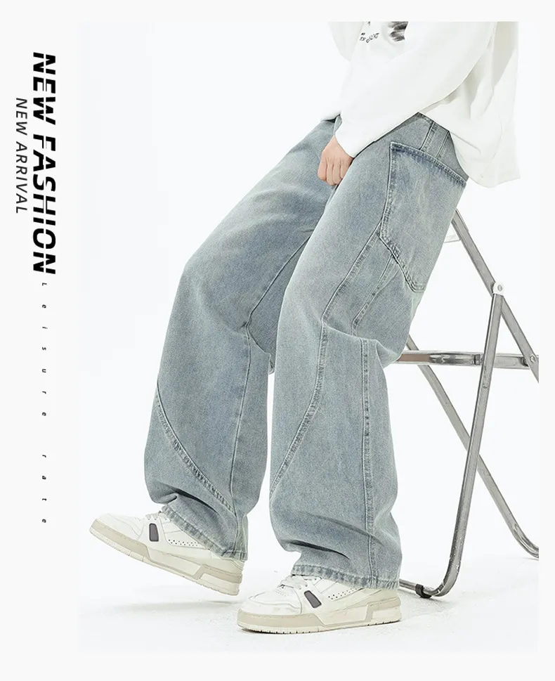 Men's Retro Loose Fit Wide Leg Jeans - Autumn/Winter American Design Straight Leg Floor Length Denim Pants showcase 10