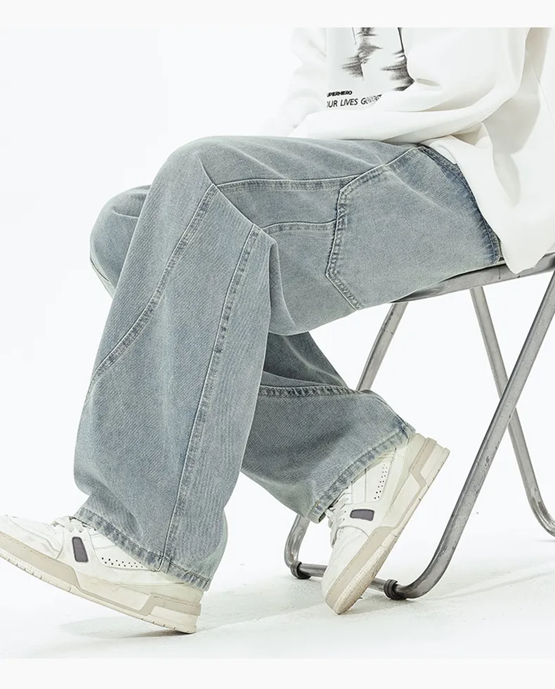 Men's Retro Loose Fit Wide Leg Jeans - Autumn/Winter American Design Straight Leg Floor Length Denim Pants showcase 12