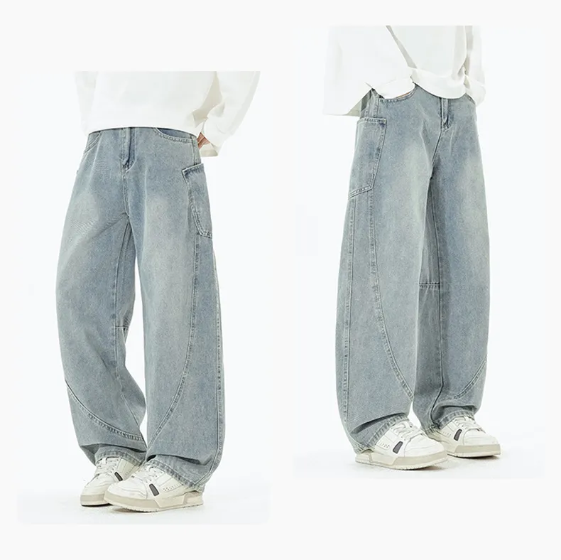 Men's Retro Loose Fit Wide Leg Jeans - Autumn/Winter American Design Straight Leg Floor Length Denim Pants showcase 11