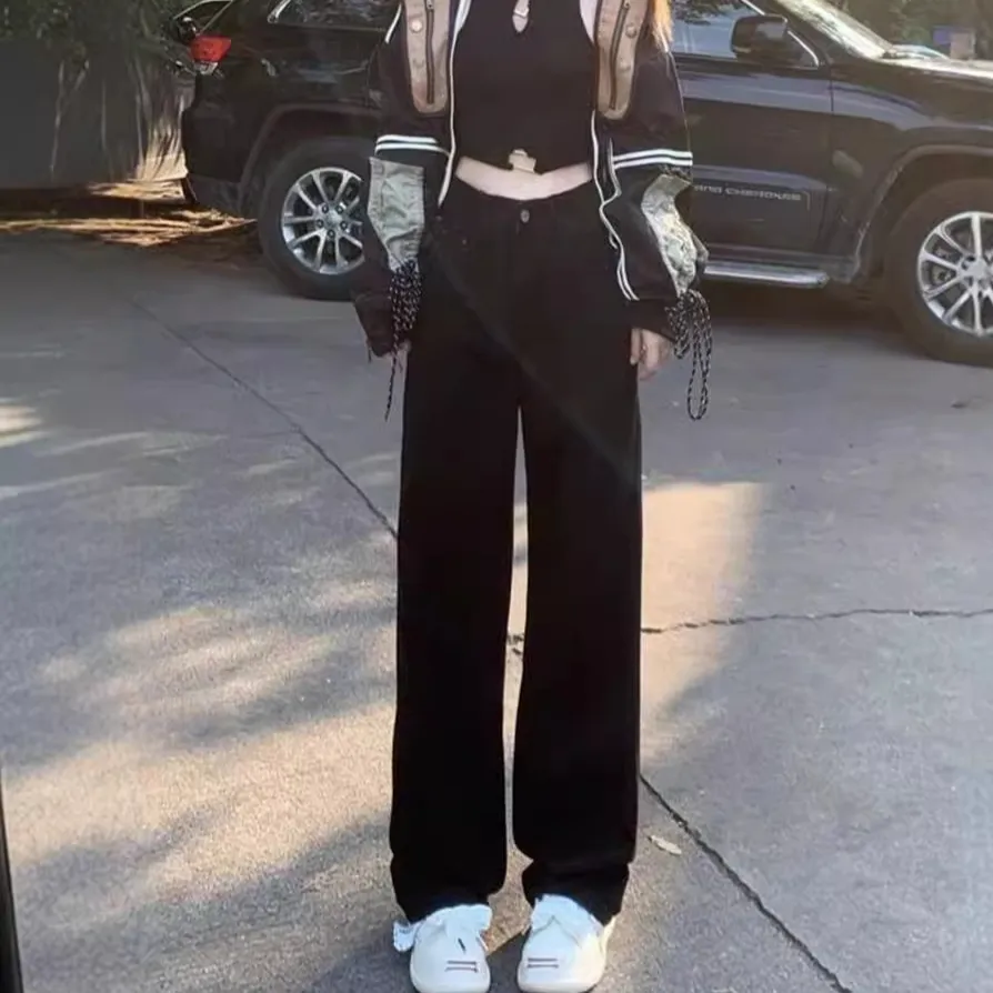 Women's Black Straight Leg Jeans Autumn 2024 Trendy High Waist Loose Slim Wide Leg Fashion Trousers for Stylish Ladies thumbnail 1