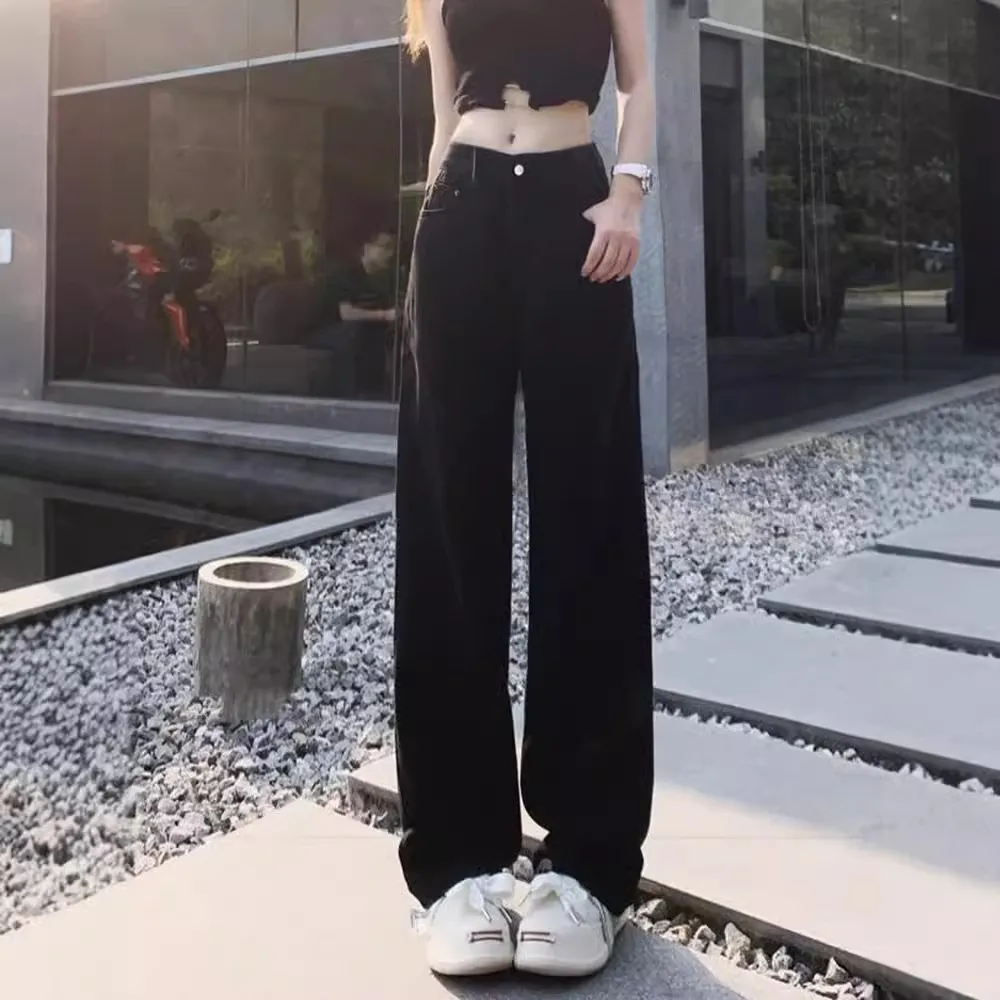 Women's Black Straight Leg Jeans Autumn 2024 Trendy High Waist Loose Slim Wide Leg Fashion Trousers for Stylish Ladies thumbnail 2