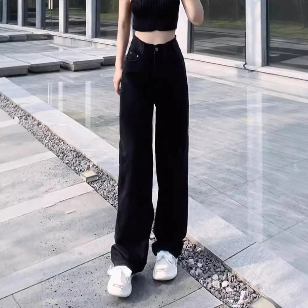 Women's Black Straight Leg Jeans Autumn 2024 Trendy High Waist Loose Slim Wide Leg Fashion Trousers for Stylish Ladies thumbnail 3