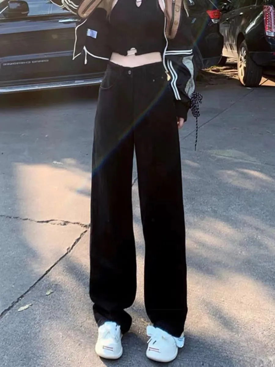 Women's Black Straight Leg Jeans Autumn 2024 Trendy High Waist Loose Slim Wide Leg Fashion Trousers for Stylish Ladies thumbnail 6