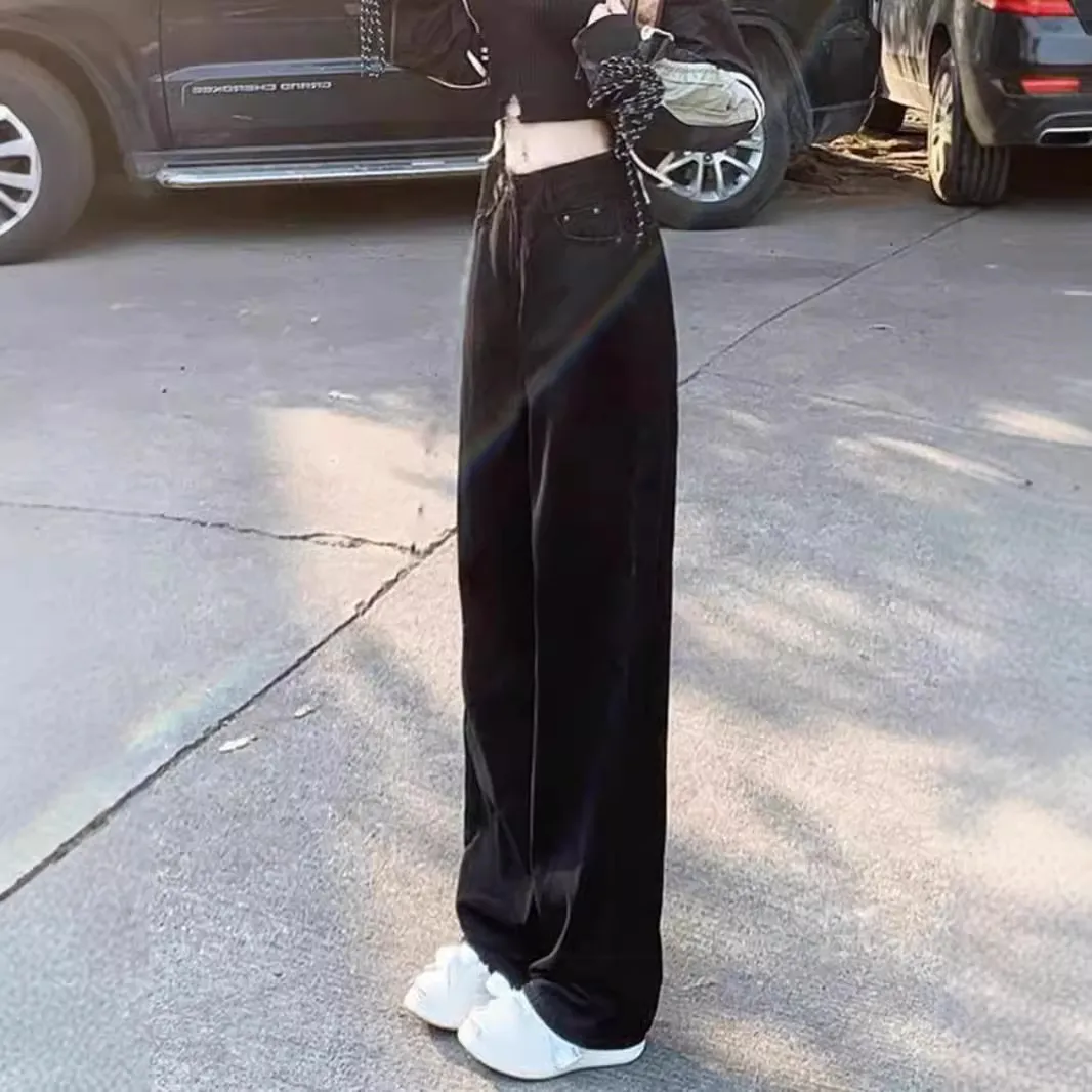 Women's Black Straight Leg Jeans Autumn 2024 Trendy High Waist Loose Slim Wide Leg Fashion Trousers for Stylish Ladies thumbnail 4
